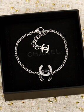 🧀🧀Chanel Double C Diamond-Set Black Enamel Silver Bracelet🍇🍇